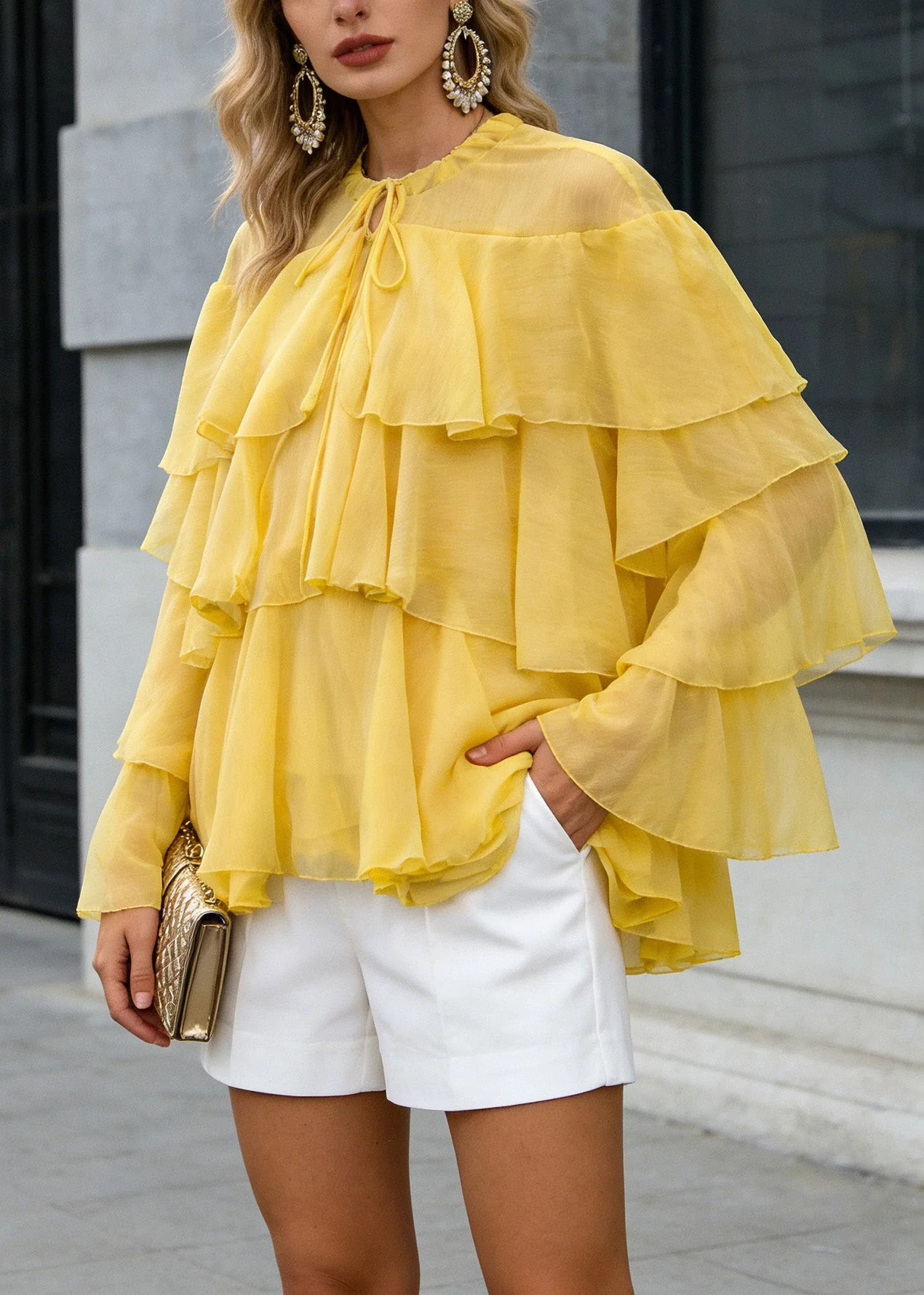 Women Yellow O Neck Ruffled Patchwork Chiffon Tops Spring - Image 3