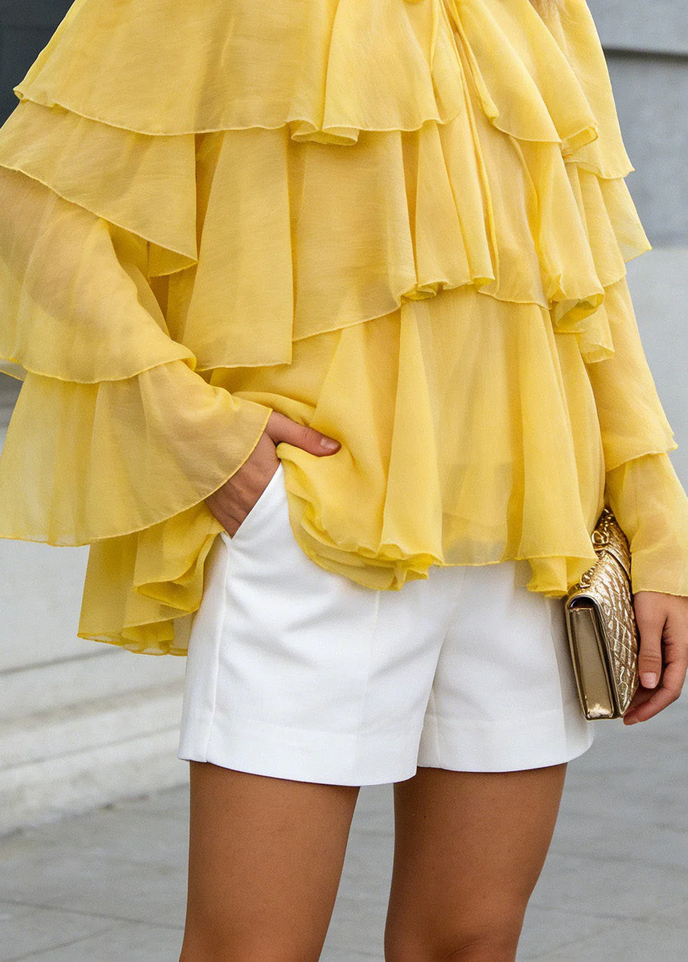 Women Yellow O Neck Ruffled Patchwork Chiffon Tops Spring - Image 4