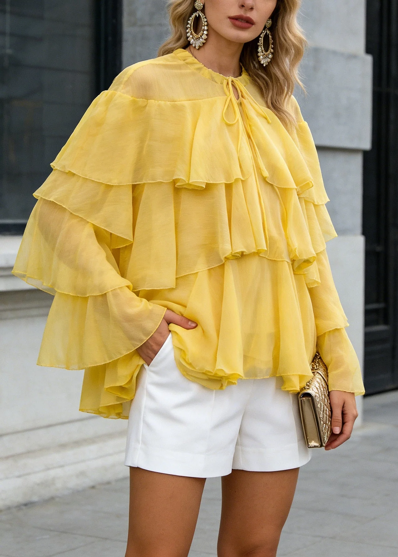 Women Yellow O Neck Ruffled Patchwork Chiffon Tops Spring - Image 5