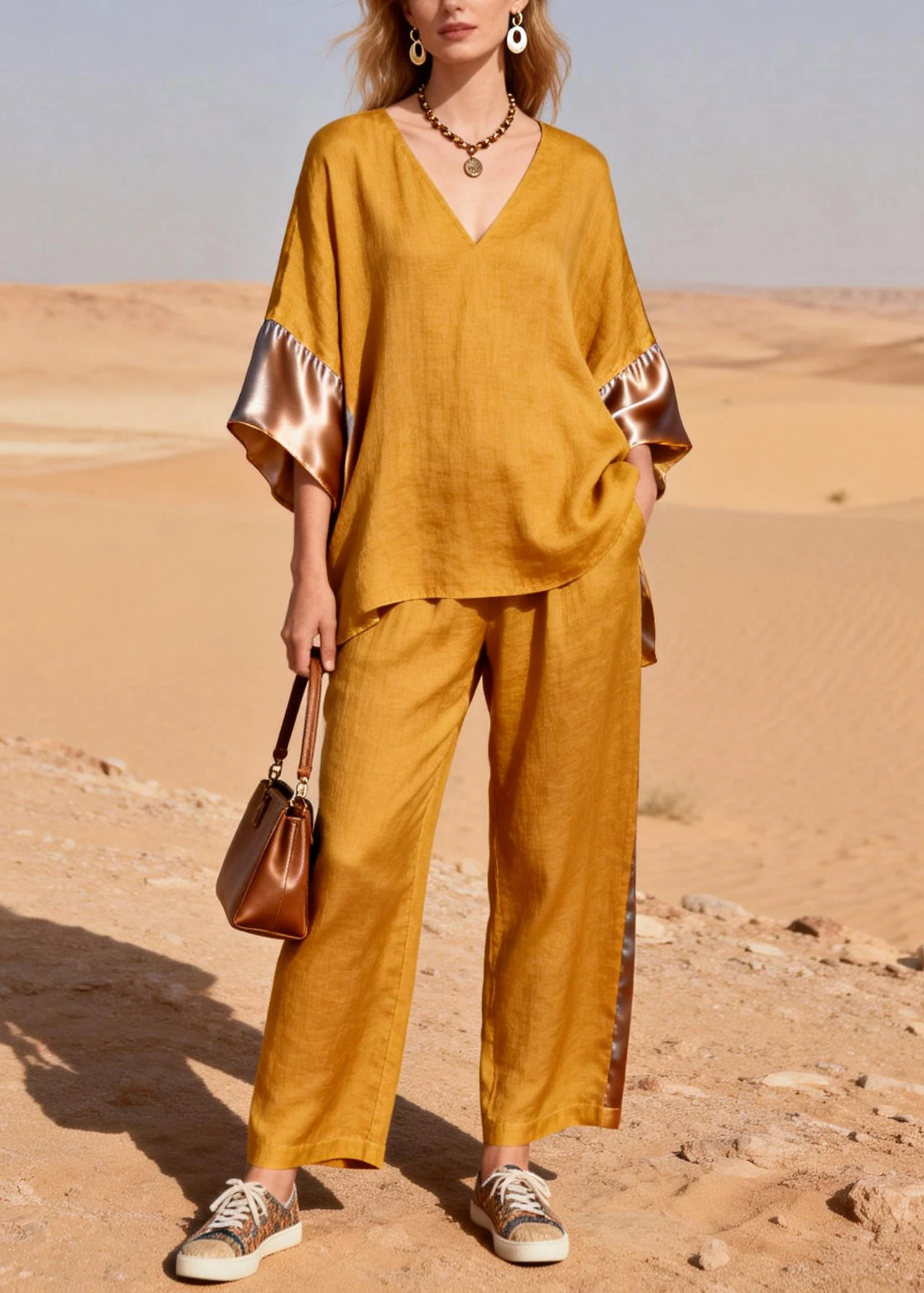 Women Yellow Oversized Patchwork Linen Silk Two Pieces Set Summer - Image 5