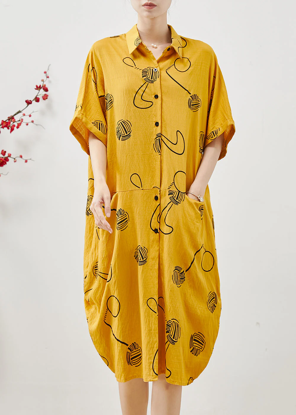 Women Yellow Oversized Print Cotton Holiday Dress Summer - Image 3