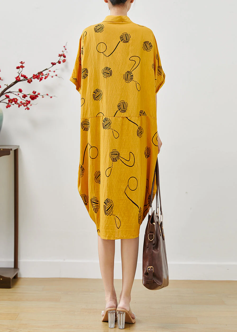 Women Yellow Oversized Print Cotton Holiday Dress Summer - Image 4