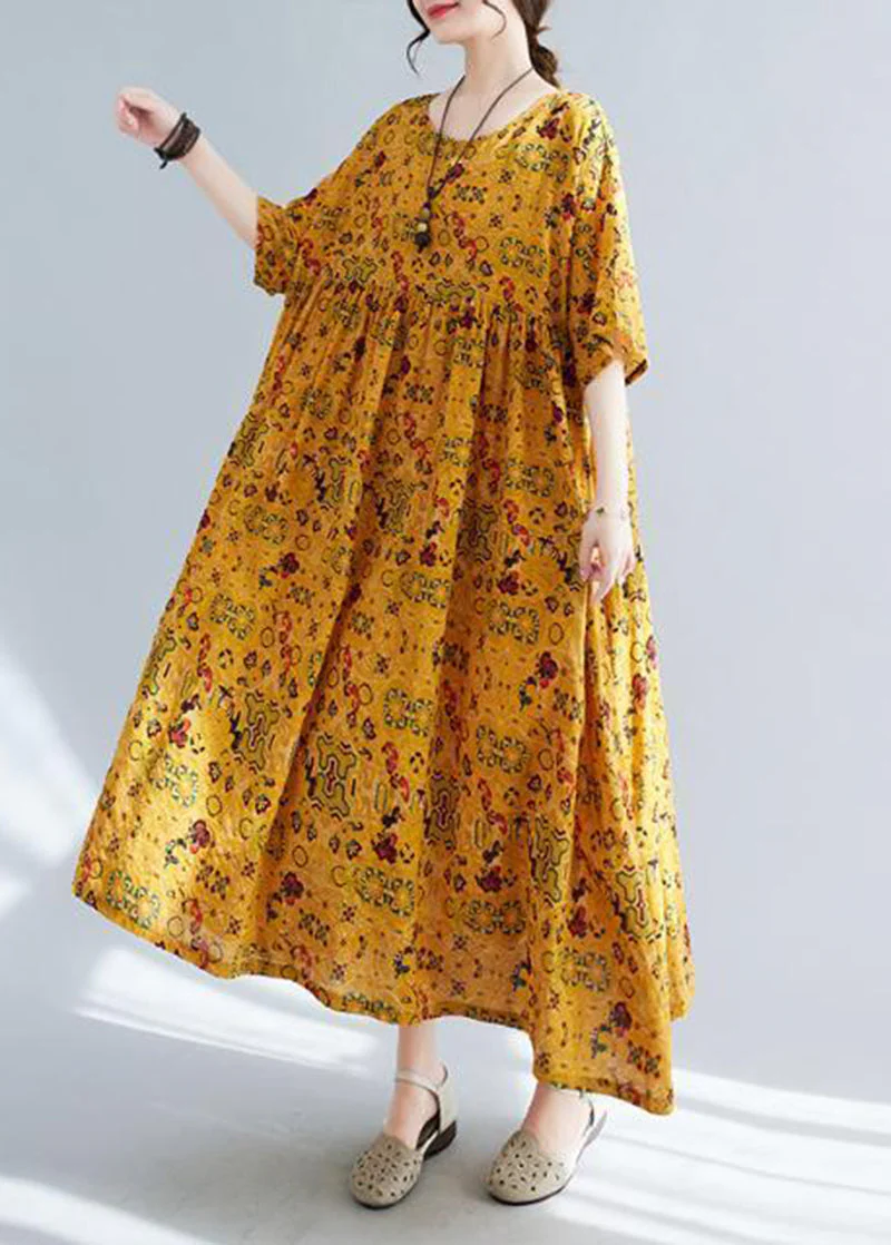 Women Yellow Oversized Print Linen Long Dress Summer - Image 2