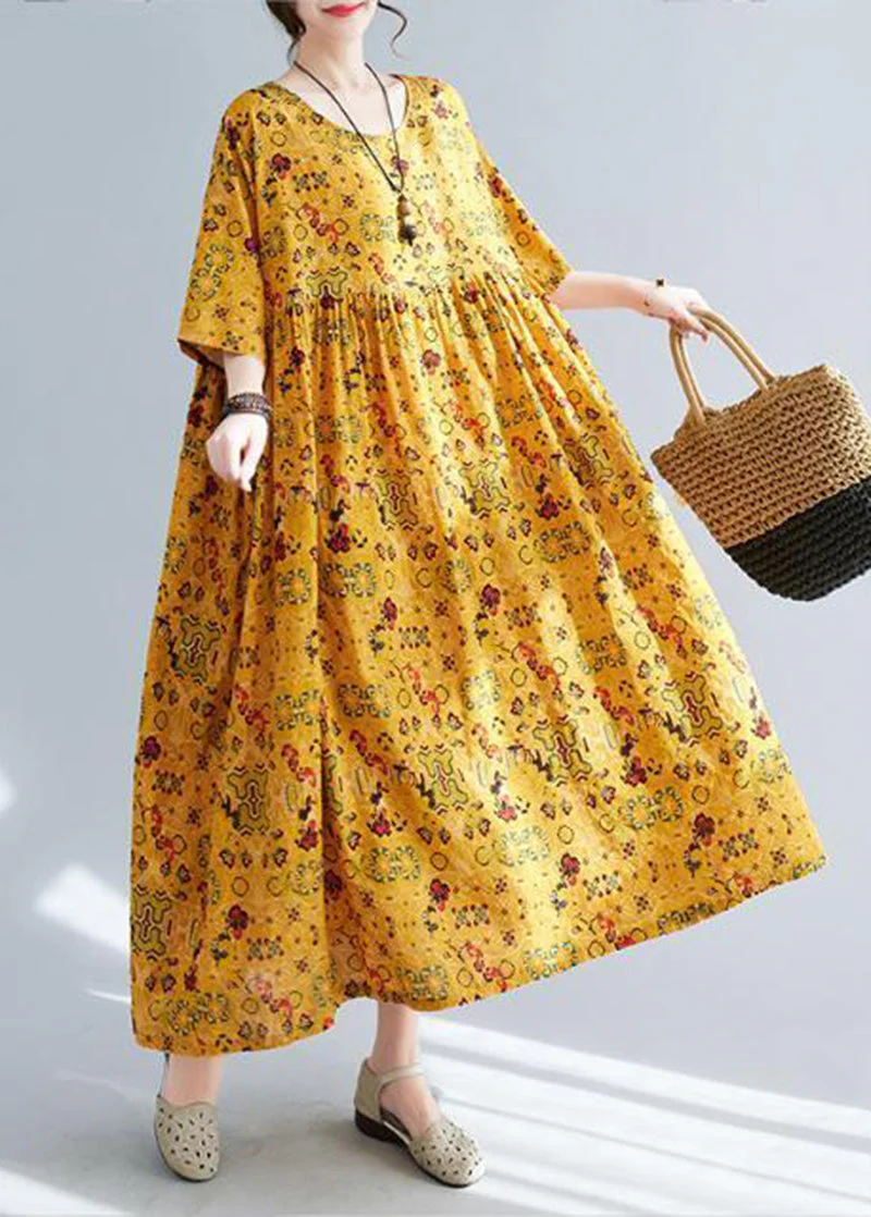 Women Yellow Oversized Print Linen Long Dress Summer - Image 3
