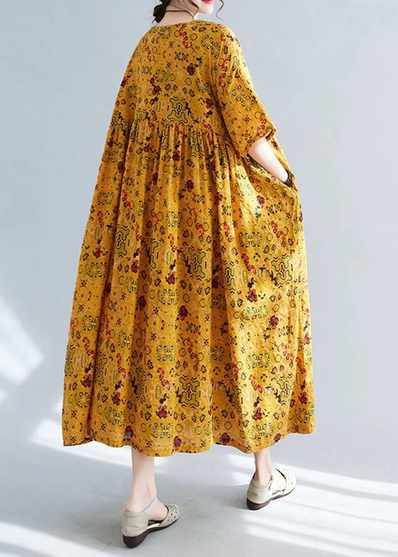 Women Yellow Oversized Print Linen Long Dress Summer - Image 4