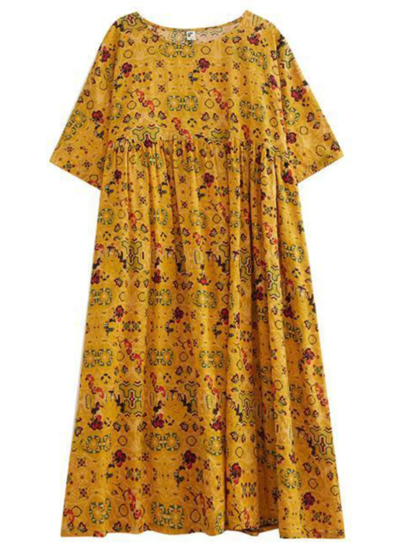 Women Yellow Oversized Print Linen Long Dress Summer - Image 5