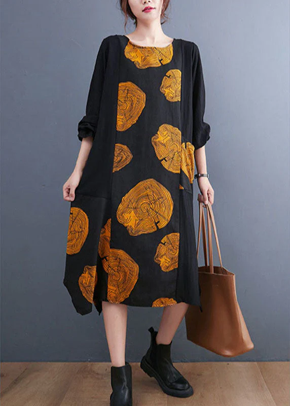 Women Yellow Patchwork Pockets Print Fall Dress Long sleeve - Image 2