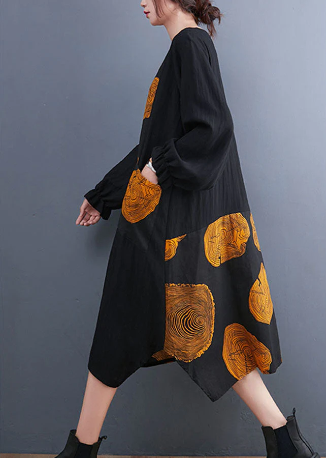 Women Yellow Patchwork Pockets Print Fall Dress Long sleeve - Image 3