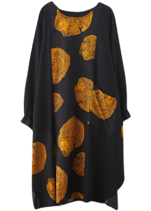 Women Yellow Patchwork Pockets Print Fall Dress Long sleeve - Image 4