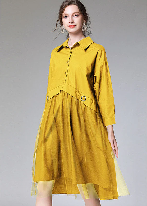 Women Yellow Patchwork Tulle Dress Fall - Image 2