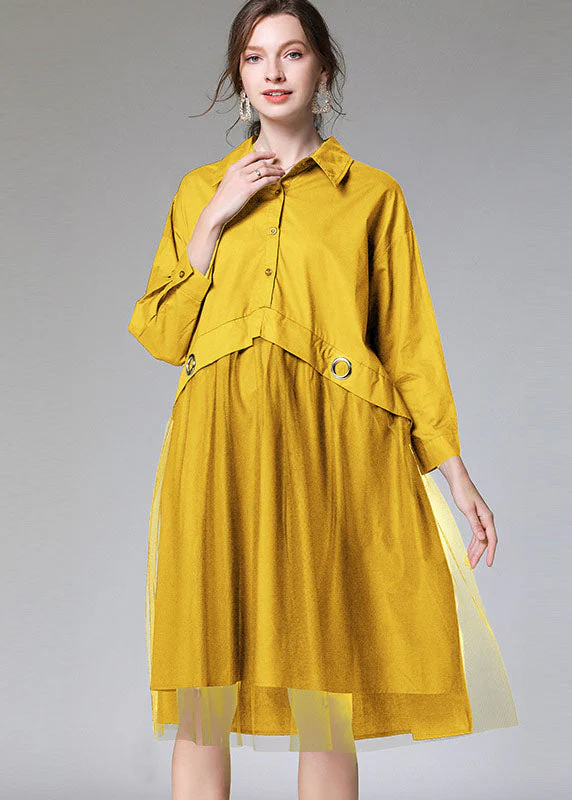 Women Yellow Patchwork Tulle Dress Fall - Image 3