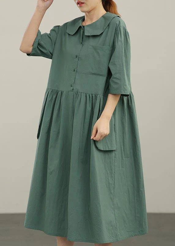 Women Yellow Peter Pan Collar Button Pockets Long Dresses Summer Cotton - Image 2