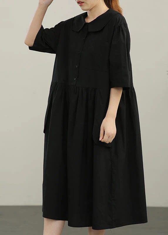 Women Yellow Peter Pan Collar Button Pockets Long Dresses Summer Cotton - Image 3