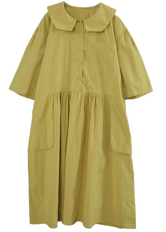 Women Yellow Peter Pan Collar Button Pockets Long Dresses Summer Cotton - Image 4