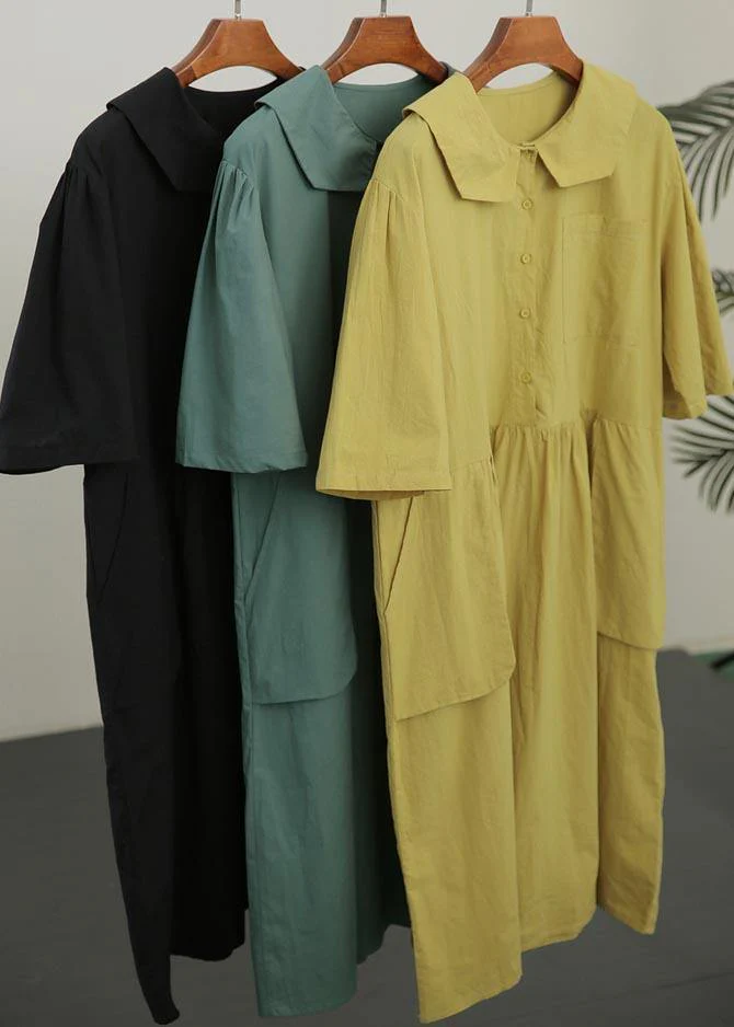 Women Yellow Peter Pan Collar Button Pockets Long Dresses Summer Cotton - Image 5