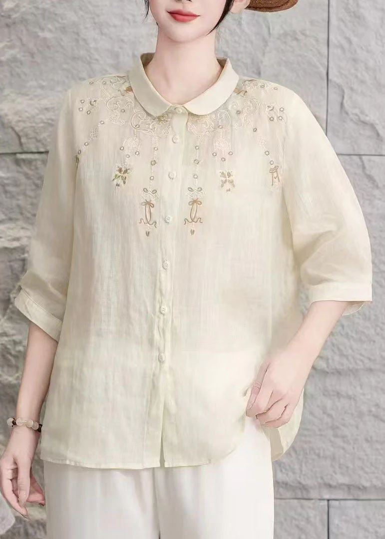 Women Yellow Peter Pan Collar Embroidered Linen Blouse Top Summer - Image 2