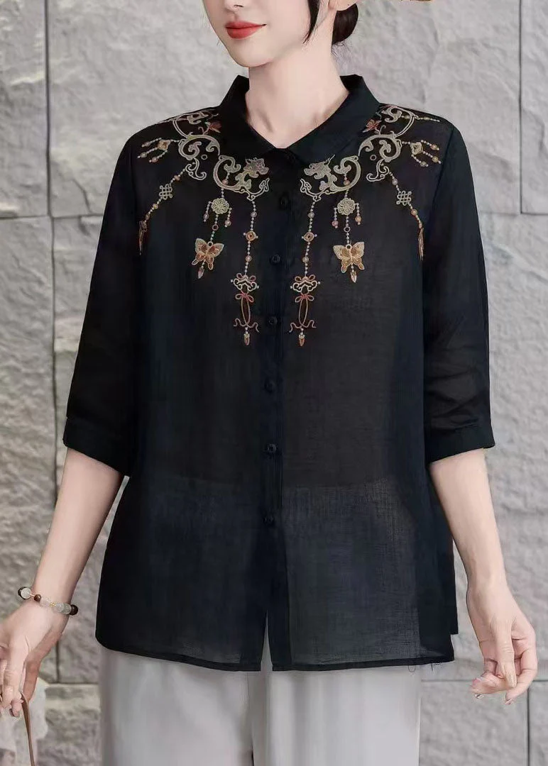 Women Yellow Peter Pan Collar Embroidered Linen Blouse Top Summer - Image 3