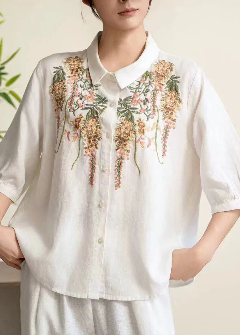 Women Yellow Peter Pan Collar Embroidered Linen Shirt Tops Summer - Image 3