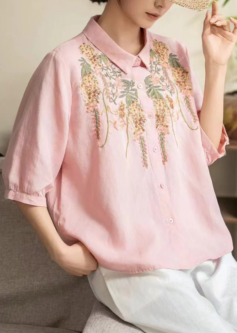 Women Yellow Peter Pan Collar Embroidered Linen Shirt Tops Summer - Image 4