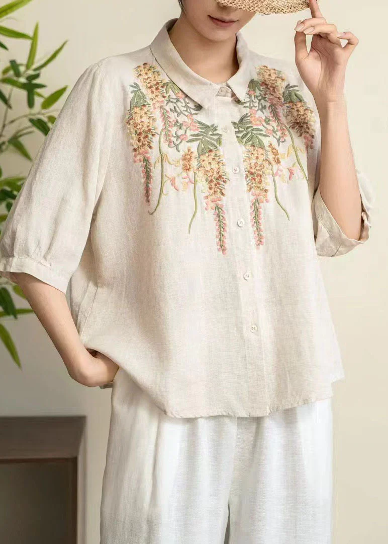 Women Yellow Peter Pan Collar Embroidered Linen Shirt Tops Summer - Image 5