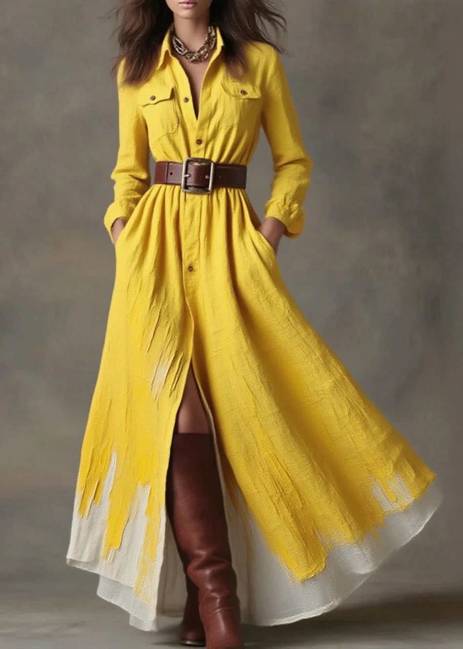 Women Yellow Peter Pan Collar Pockets Button Cotton Dress Spring - Image 3