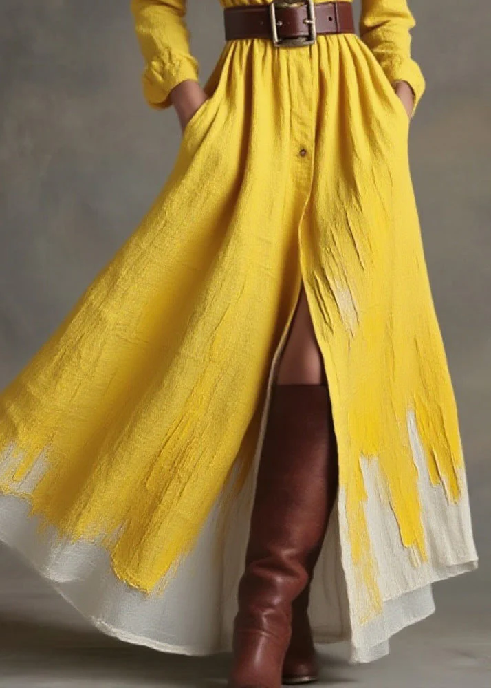 Women Yellow Peter Pan Collar Pockets Button Cotton Dress Spring - Image 4