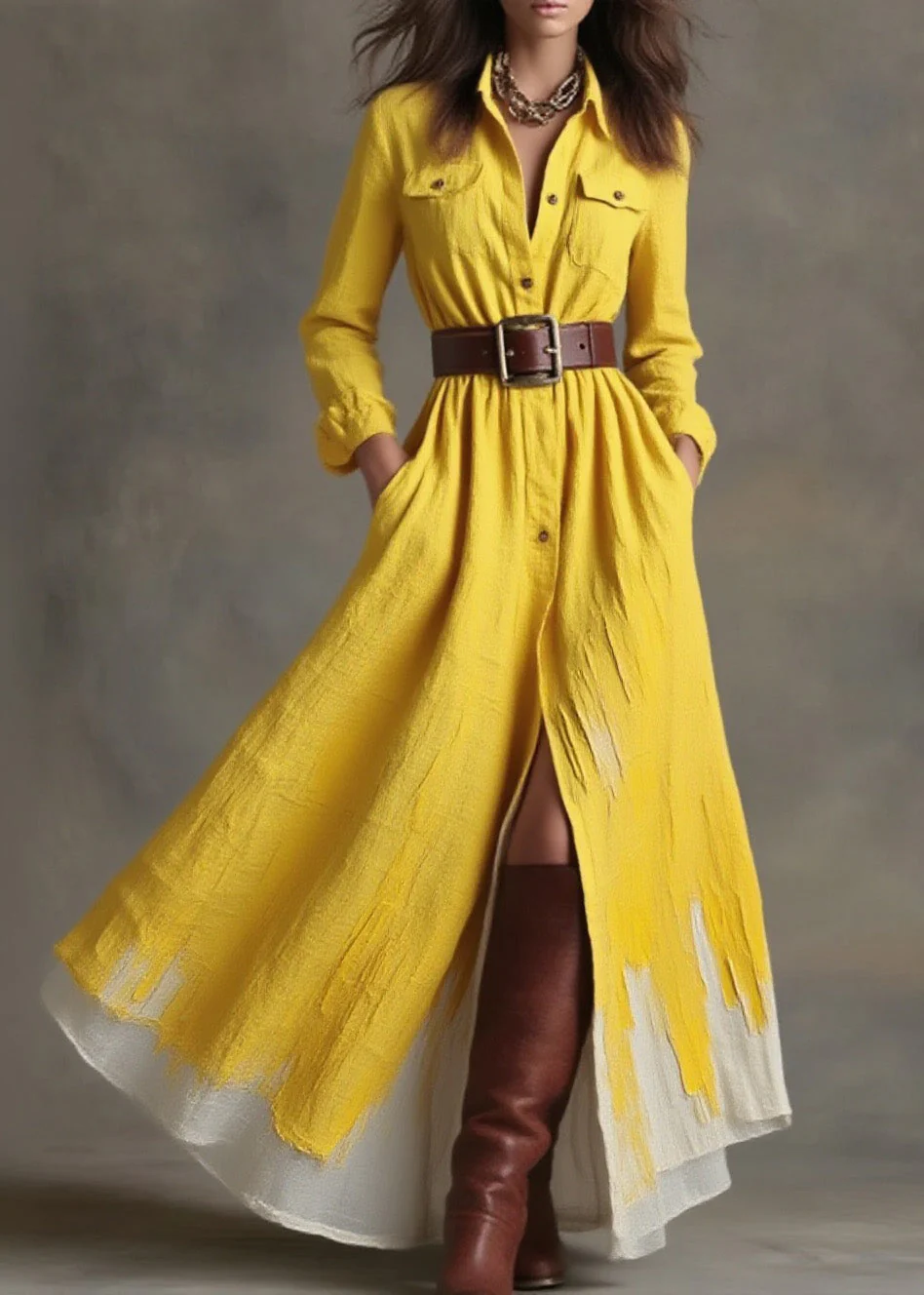 Women Yellow Peter Pan Collar Pockets Button Cotton Dress Spring - Image 5