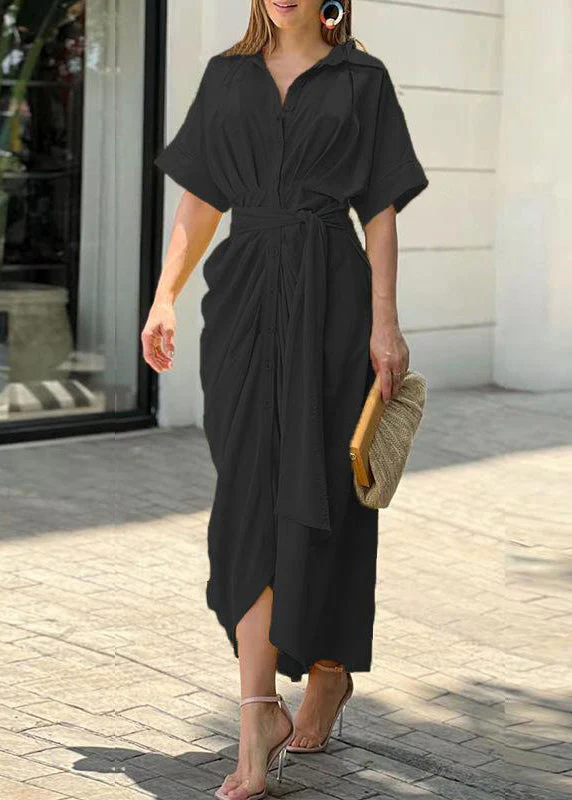 Women Yellow Peter Pan Collar Tie Waist Cotton Shirts Dress Summer - Image 2