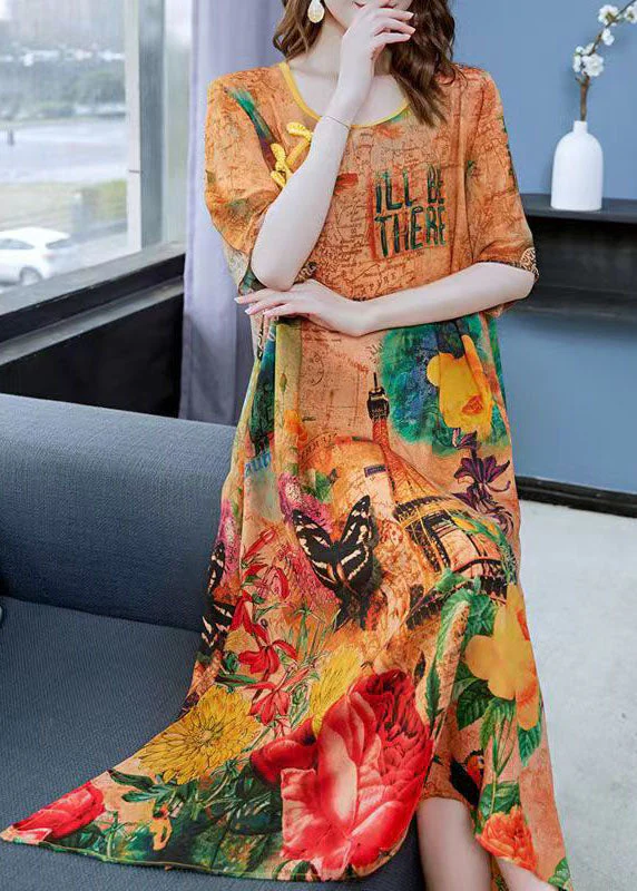 Women Yellow Print Chinese Button Patchwork Silk Dress Summer - Image 3