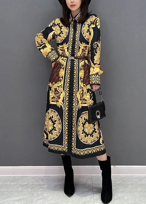 Women Yellow Print Peter Pan Collar Cotton Shirt Dresses Fall - Image 2