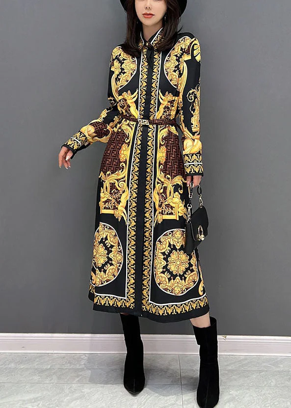 Women Yellow Print Peter Pan Collar Cotton Shirt Dresses Fall - Image 3