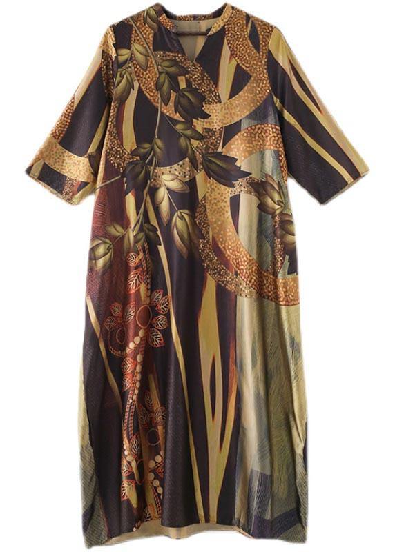 Women Yellow Print Pockets Summer Chiffon Dress - Image 5