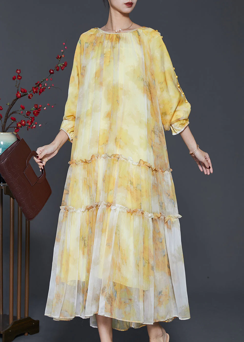Women Yellow Ruffled Tie Dye Chiffon Maxi Dress Spring - Image 2