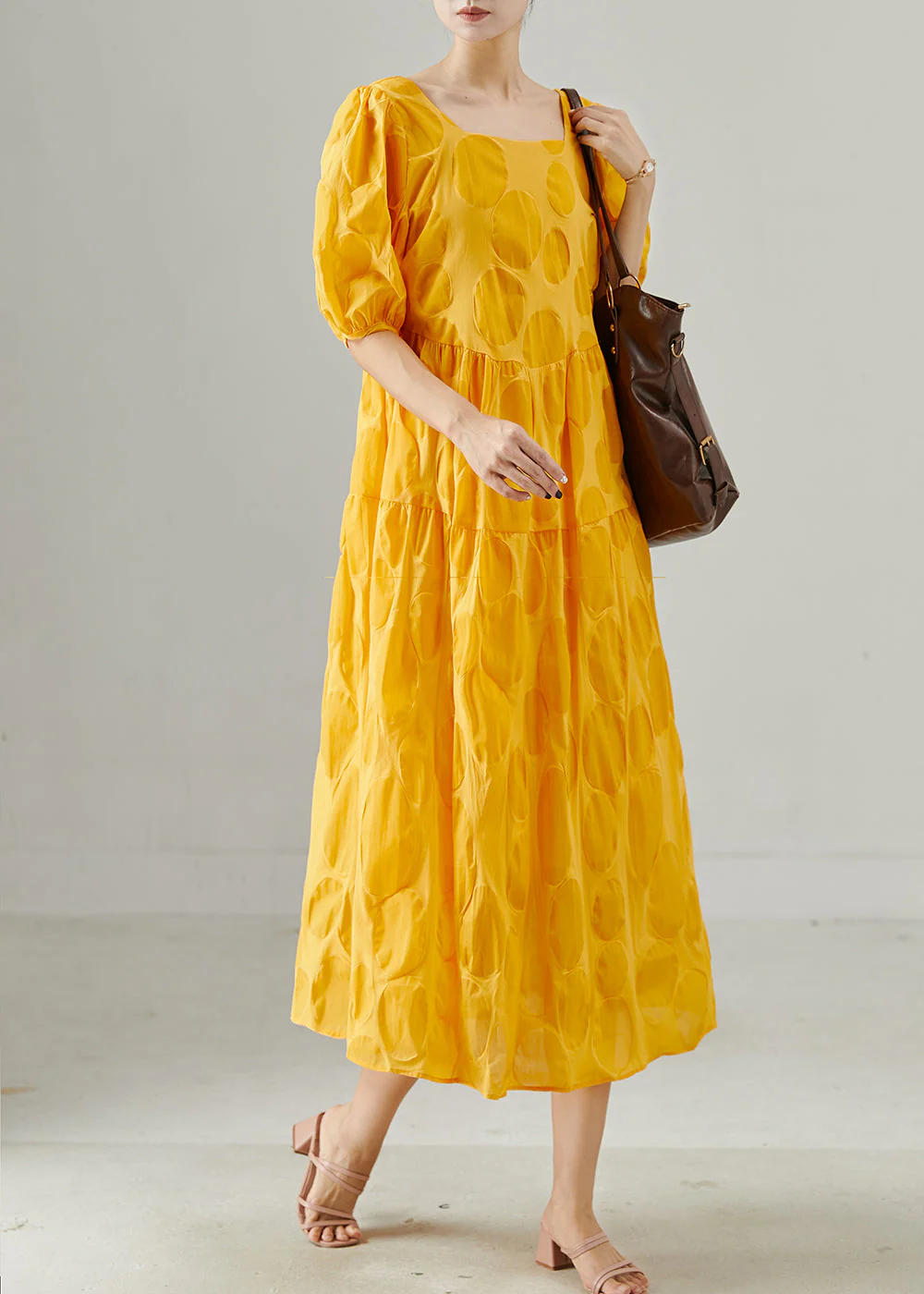 Women Yellow Square Collar Cotton Holiday Dress Summer - Image 2