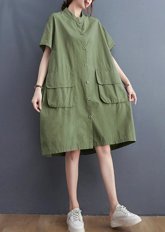 Women Yellow Stand Collar Patchwork Button Cotton Long Shirts Dress Short Sleeve - Image 2