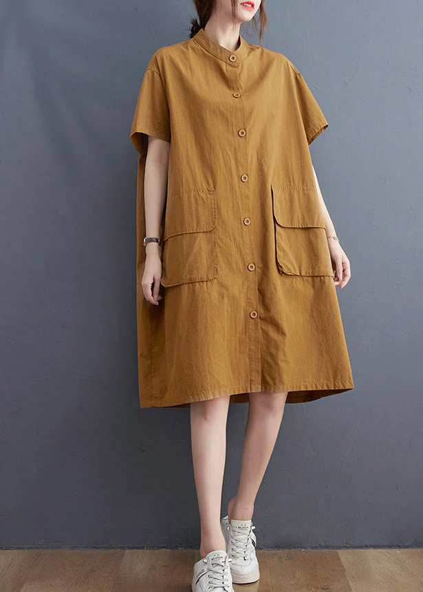 Women Yellow Stand Collar Patchwork Button Cotton Long Shirts Dress Short Sleeve - Image 3