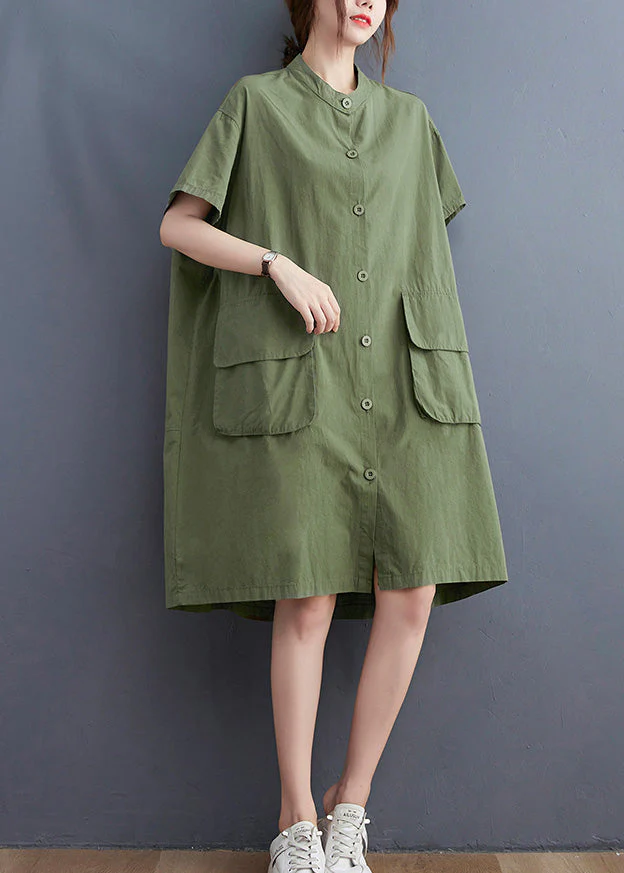 Women Yellow Stand Collar Patchwork Button Cotton Long Shirts Dress Short Sleeve - Image 4