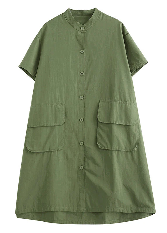 Women Yellow Stand Collar Patchwork Button Cotton Long Shirts Dress Short Sleeve - Image 5