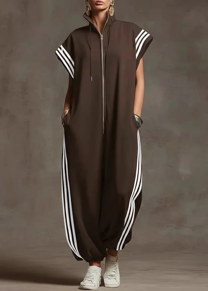 Women Yellow Stand Collar Zip Up Striped Cotton Jumpsuit Summer - Image 3