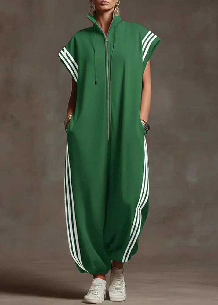 Women Yellow Stand Collar Zip Up Striped Cotton Jumpsuit Summer - Image 4