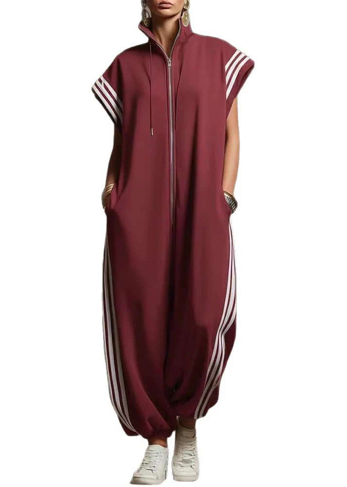 Women Yellow Stand Collar Zip Up Striped Cotton Jumpsuit Summer - Image 5