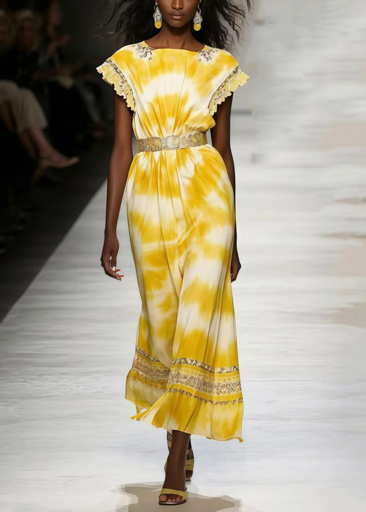 Women Yellow Tie Dye Chiffon Tunic Dresses Sleeveless - Image 3