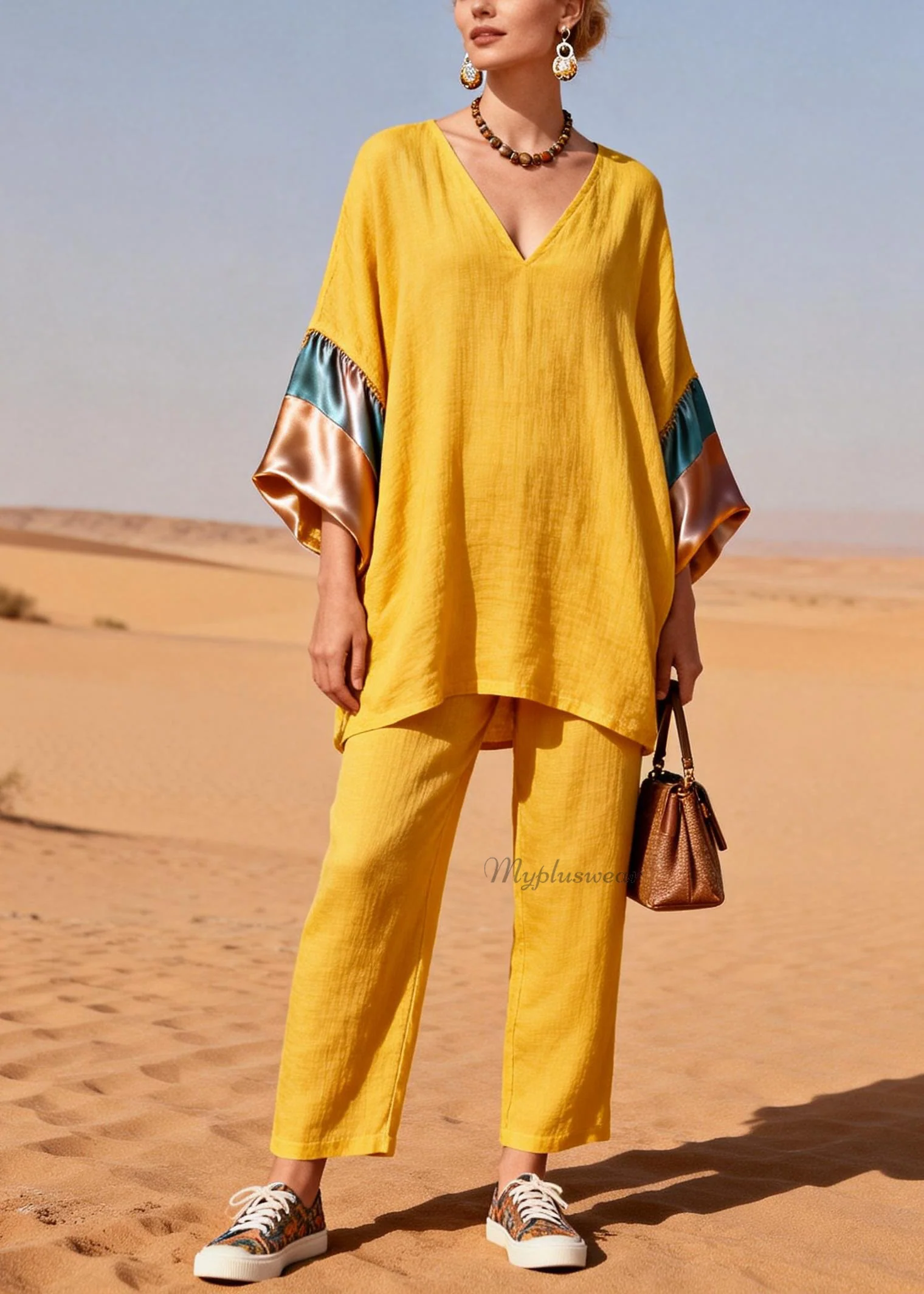 Women Yellow V Neck Silk Patchwork Linen Two Piece Set Summer
