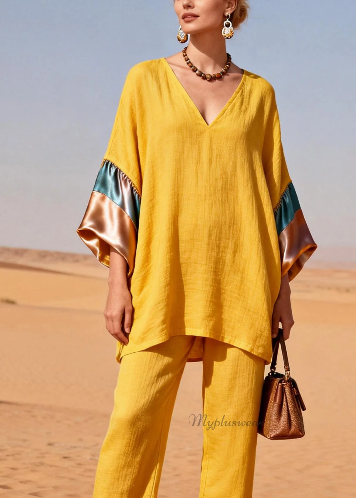 Women Yellow V Neck Silk Patchwork Linen Two Piece Set Summer - Image 2