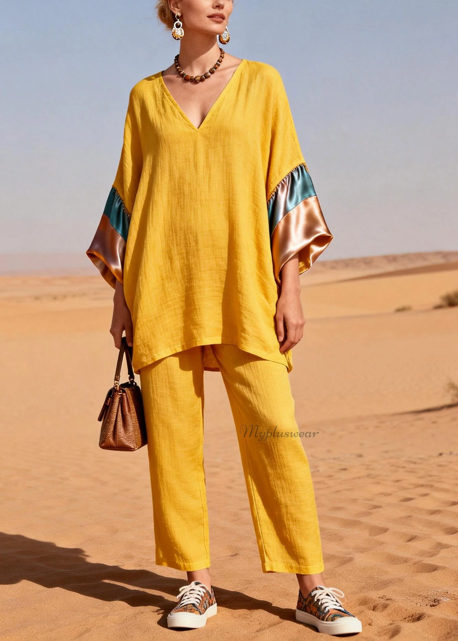 Women Yellow V Neck Silk Patchwork Linen Two Piece Set Summer - Image 3