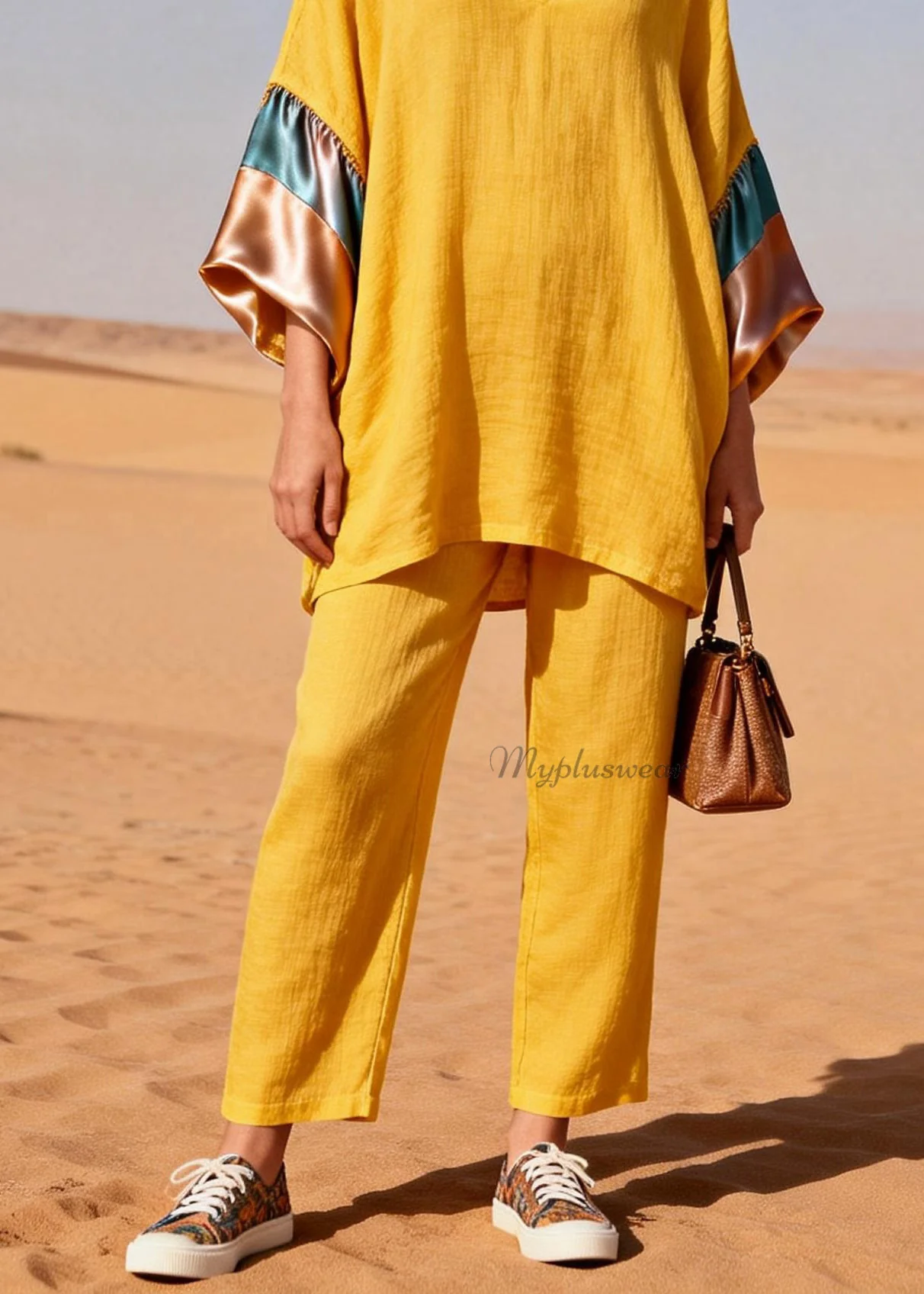 Women Yellow V Neck Silk Patchwork Linen Two Piece Set Summer - Image 4