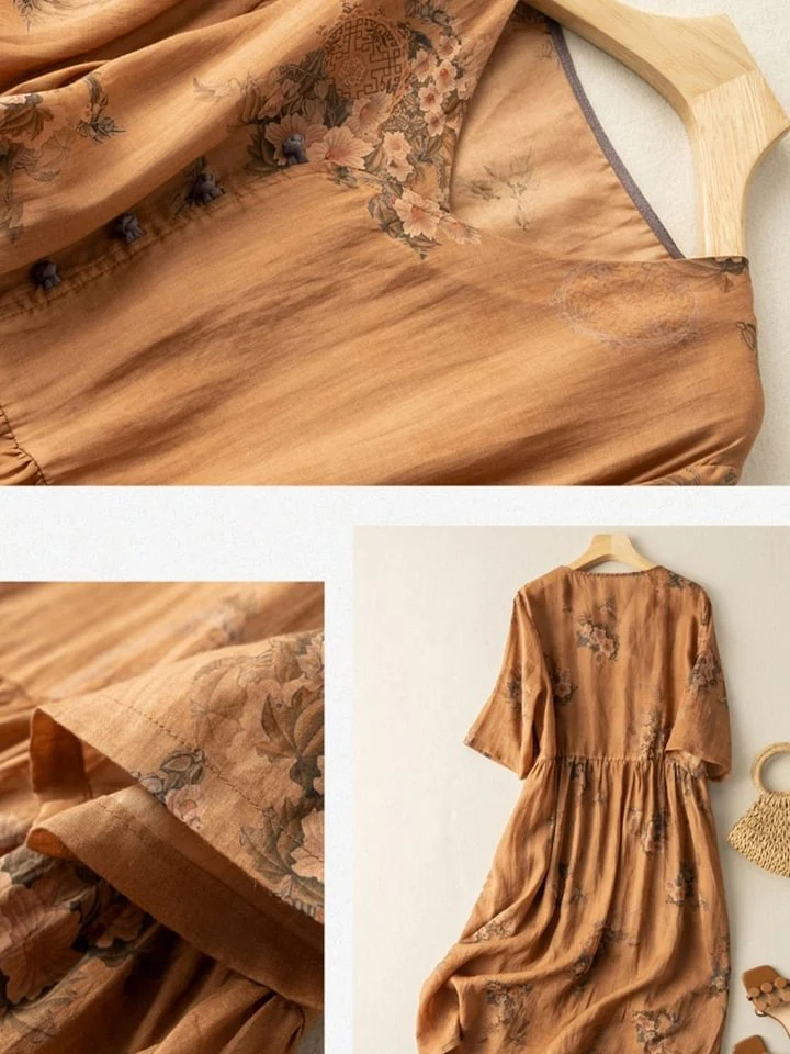 Women's Ramie Retro Flower Print Dress - Image 2