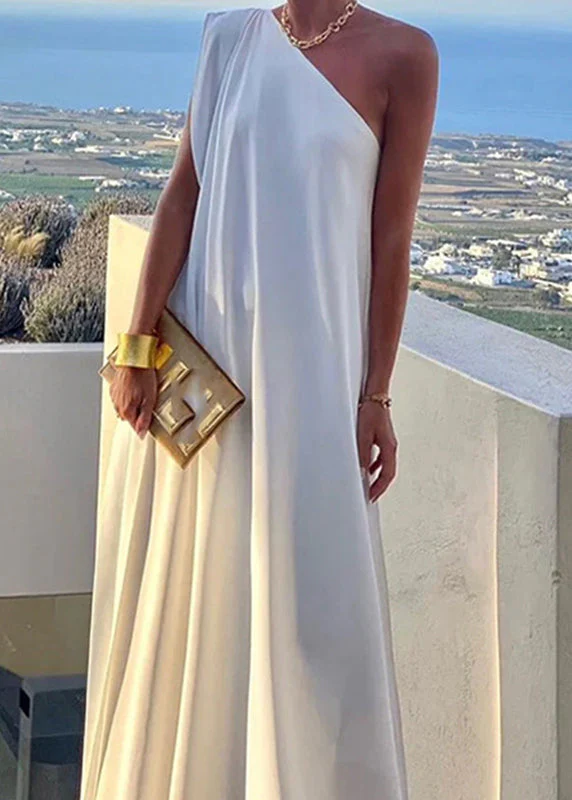 Women's White One Shoulder Solid Long Dress Summer - Image 4