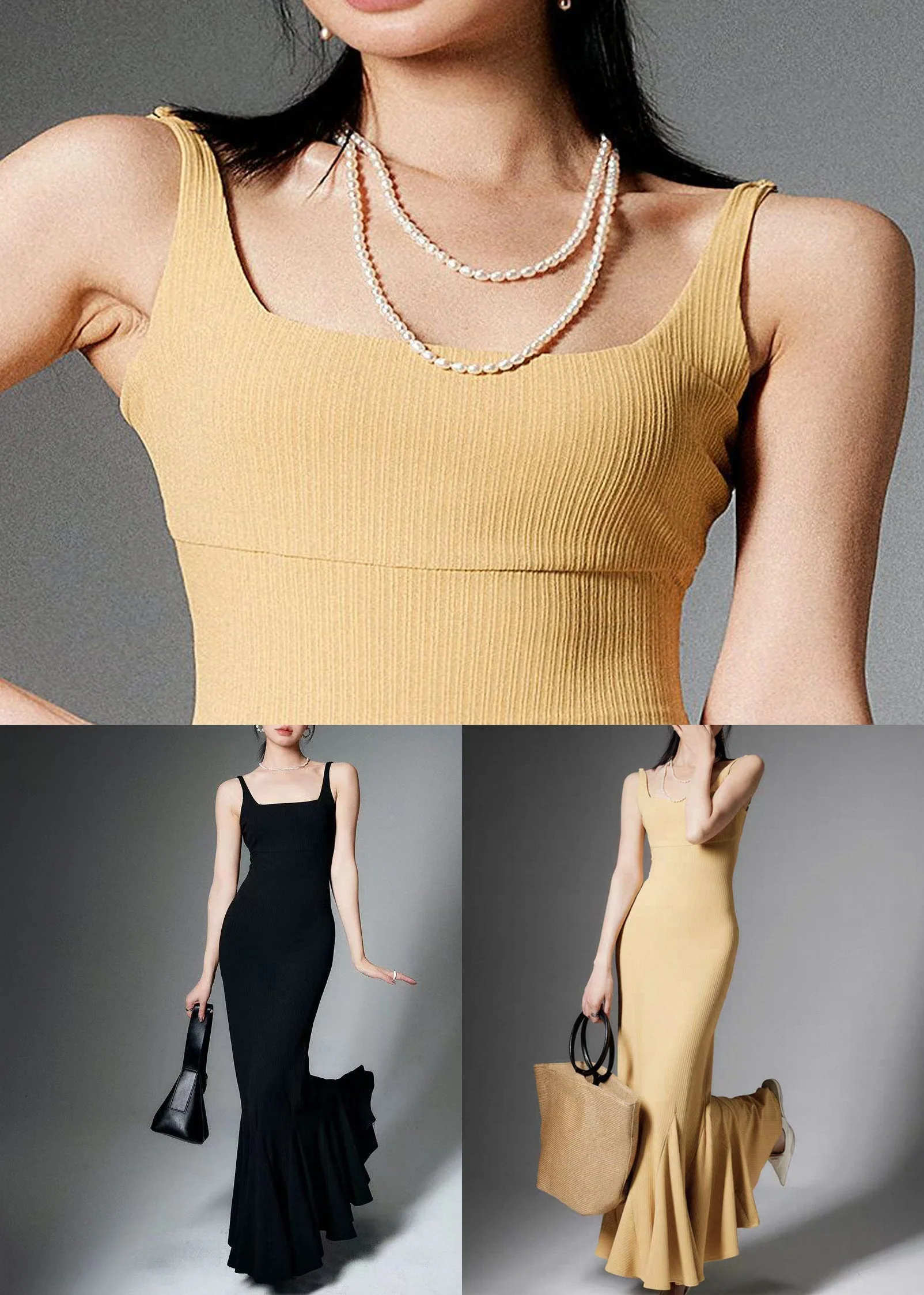 Yellow Backless Solid Cotton Spaghetti Strap Dress High Waist Sleeveless - Image 5