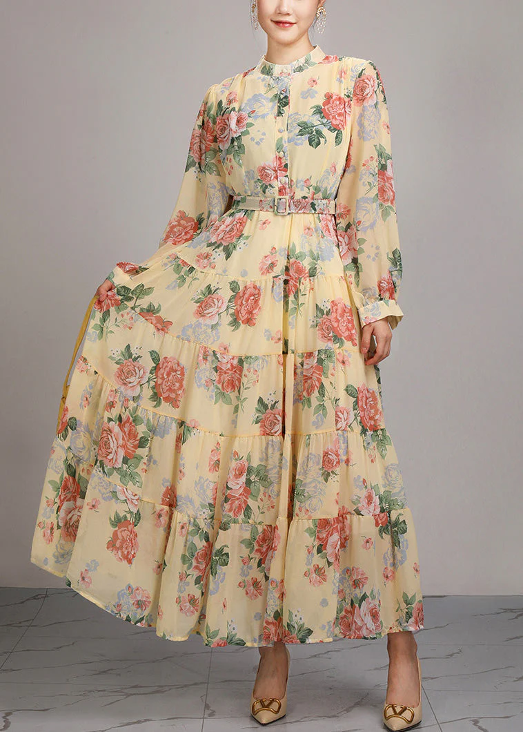 Yellow Button Sashes Cotton Long Dress Stand Collar Fall - Image 2